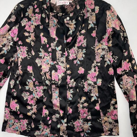 Vintage Black 100% silk pleated tailored floral button down blouse top medium 6 - Picture 8 of 12